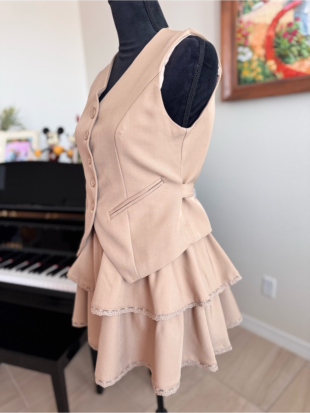 Classic Tan Tiered 2-pc Dress with Buttoned Vest - Picture 5 of 14